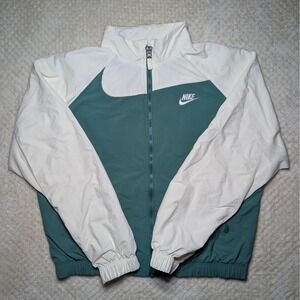 Nike Windbreaker Jacket Women XL Green White Zip Lightweight Swoosh Athletic
